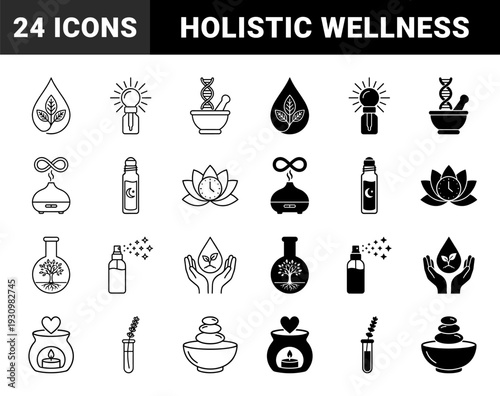 Holistic wellness and aromatherapy icons merging nature with science featuring essential oil droppers herbal medicine and botanical laboratory elements