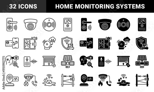 Smart home security and surveillance system icons featuring hybrid designs with integrated biometric sensors and cloud connectivity monitoring features