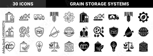Smart Agriculture and Grain Storage Hybrid Icons Featuring Wheat Barcodes Silo Batteries Genetic Engineering and Global Logistics Solutions