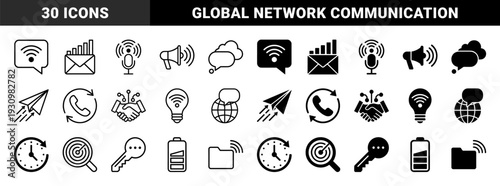 Communication and connection hybrid icons featuring merged symbols like globe with message bubble and handshake with digital circuit traces