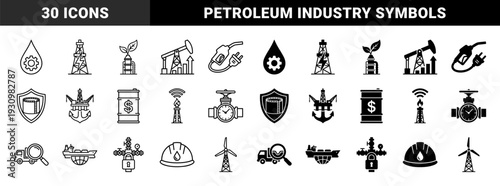 Industrial energy and petroleum extraction hybrid icons featuring oil drop gear power line plant factory fuel nozzle plug and storage tank shield concepts