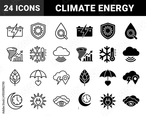 Hybrid renewable energy and climate monitoring symbols merging weather patterns with power storage and environmental protection concepts in dual line and solid styles