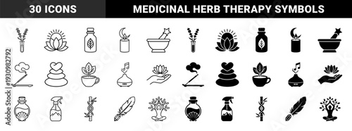 Wellness and holistic therapy hybrid icons featuring lotus sun mergers medicinal herb flasks zen stone hearts and aromatic diffuser musical notes