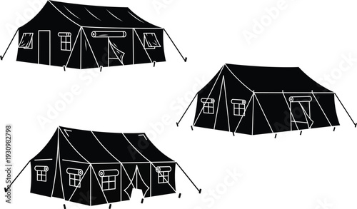 Military Base Camp Tent Silhouette Vector Illustration Set On White Background EPS 10