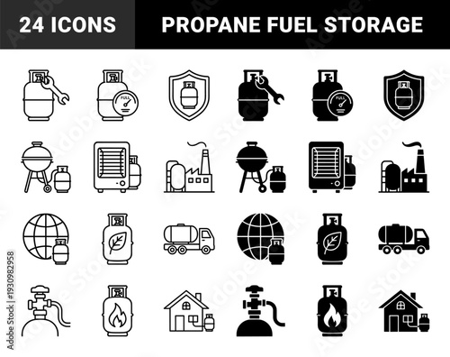 Propane gas cylinder and industrial energy storage equipment featuring hybrid icons of fuel tanks with domestic heating and transport systems