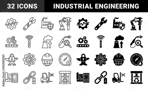 Industrial Manufacturing and Smart Factory Hybrid Icons Featuring Gear Diagnostics Mechanical Maintenance Robotic Measurement and Sustainable Energy Solutions