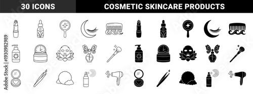 Skincare and organic beauty symbols featuring hybrid botanical elements like rose lipstick leaf serum and lotus face mask in outline and solid styles