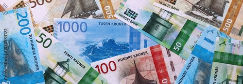 Quadro su tela Norwegian krone money bills pile on table