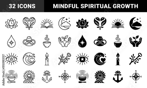 Mindfulness and wellness hybrid symbol collection featuring lotus clock heart leaf moon cloud water drop sun book and meditation bowl metaphors