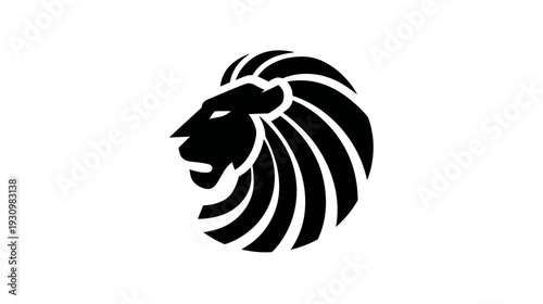 A stark, minimalist lion's head in black silhouette, positioned at a slight angle on a white background