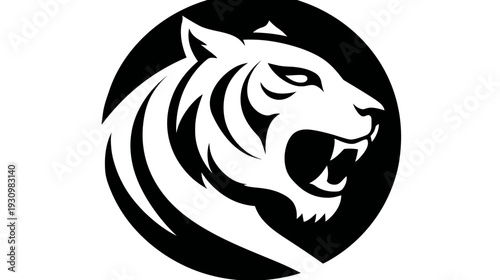 A striking black and white circular design features the aggressive profile of a big cat