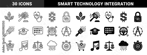 Hybrid Artificial Intelligence Icons Combining Circuitry With Education Law Healthcare Finance And Creative Industry Symbols In Line And Solid Styles