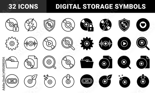 Collection of compact disc hybrid symbols merging optical media with security lock power lightning heart gear audio wave search and nature leaf elements