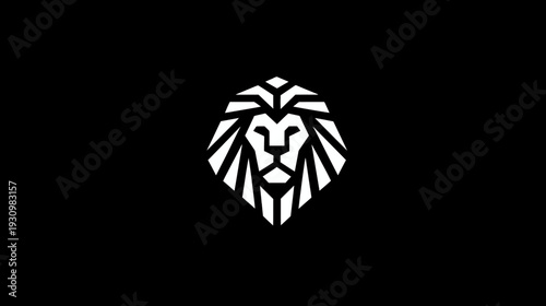 A geometric lion's head in white on a black background, minimalist and stylized