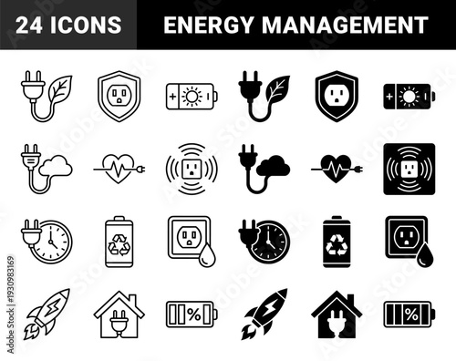 Hybrid energy consumption and sustainability symbols merging power plugs with organic leaves weather clouds time management and renewable battery storage concepts