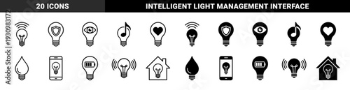 Smart Home Lighting Control Symbols Merging Light Bulb Shapes with Security Shield Heart Battery Energy and Mobile Device Connectivity Interfaces