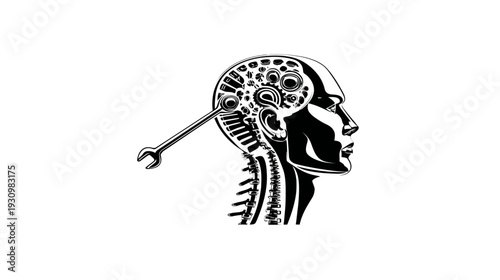 Black and white illustration of a robotic human head with gears and a wrench
