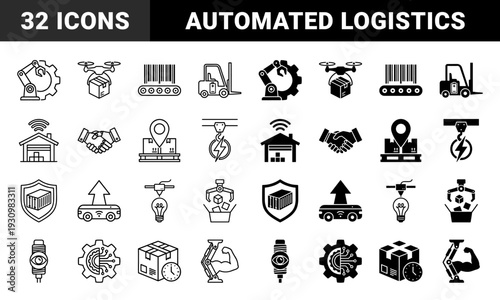 Industrial logistics and automated manufacturing hybrid icons featuring robotic arms integrated with gears and smart warehouse delivery systems