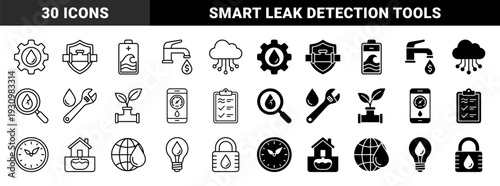 Hybrid water utility and smart plumbing symbols featuring integrated moisture sensors leak detection and sustainable resource management metaphors in dual outline and solid styles