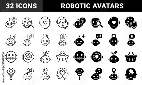 Hybrid robotic avatar symbols merging artificial intelligence characters with business analytics security creative thinking and communication metaphors in outline and solid styles