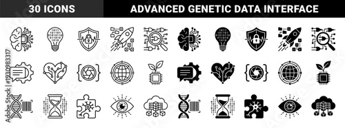 Hybrid technology and biological science icons featuring brain neural circuits dna barcode genetic data and cybernetic organic integration in linear and solid styles