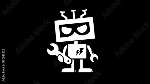 A stark white robot illustration, holding a wrench, on a black backdrop, with a lightning bolt symbol
