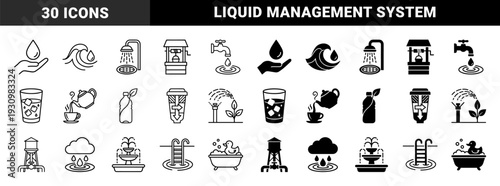 Water management and resource conservation symbols featuring hybrid dual styles of solid and outline graphics for plumbing irrigation and hydration