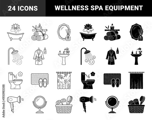 Wellness and self care bathroom essentials featuring hybrid linear and solid silhouettes of bathtubs lotus flowers towels and vanity mirrors for luxury spa branding