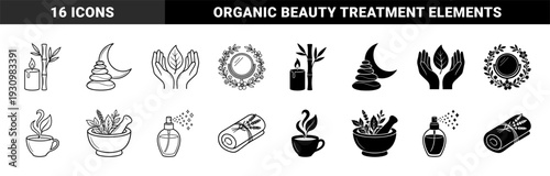 Zen wellness and holistic therapy symbols featuring hybrid designs of basalt stones with crescent moons and herbal mortars with lavender sprigs