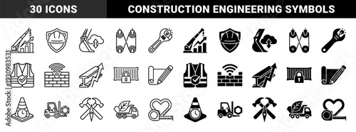 Construction and industrial logistics hybrid symbols featuring crane with growth chart safety vest with checkmark and crane with cloud data sync