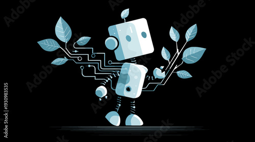 A robotic figure with plant integration, circuit elements, and a black background