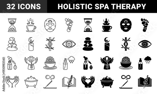 Wellness and Mindfulness Hybrid Icons Merging Zen Elements with Spa Therapy Symbols Featuring Lotus Hourglass Meditating Tea and Healing Stone Designs