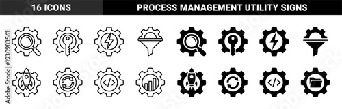 Collection of hybrid gear symbols featuring integrated tools for search security energy filtration speed synchronization coding data and storage