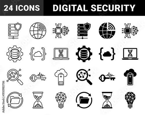 Data Infrastructure and Digital Security Hybrid Icons Featuring Server Shields Network Globes Cloud Computing Logic and Genetic Analysis Symbology