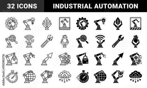 Robotic arm industrial automation icons featuring hybrid mechanical integration with global logistics healthcare energy and smart manufacturing symbols in outline and solid styles