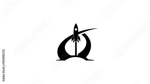 A black and white graphic depicting a rocket launching. The rocket has a flame. The graphic has a curve