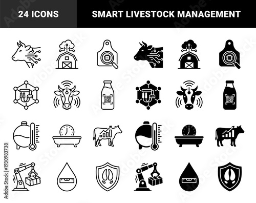 Smart dairy farm and precision livestock farming symbols featuring cow heads with circuit patterns barn data sensors and milk production tracking