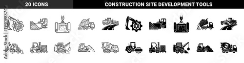 Heavy machinery and construction equipment hybrid design featuring excavators with integrated gears and blueprints combined with site lifting hooks in black and white style