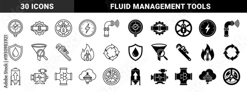 Industrial process monitoring and fluid management symbols featuring hybrid mechanical gear clock and pressure gauge valve integration for systems engineering