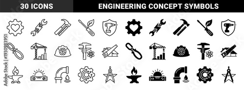 Hybrid industrial construction and engineering symbols merging tools with conceptual metaphors like growth repair intelligence and precision in outline and solid styles