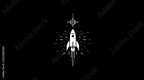 Black and white illustration of a stylized rocket ship blasting off to a geometric star