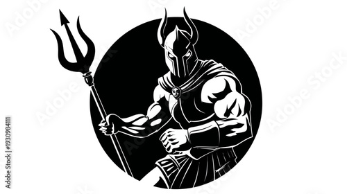 A stern black-and-white depiction of a muscular figure in armor with a trident in a circular frame
