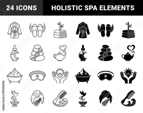 Spiritual wellness and luxury spa hybrid symbols featuring zen stone dna spirals winged slippers lotus robes and celestial self care elements