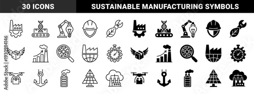 Industrial hybrid icons merging manufacturing symbols with sustainable energy and logistics featuring linear and solid versions of factory gears and drones