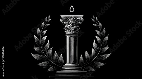 A classical column illustration, adorned with a laurel wreath and a stylized droplet on a black background