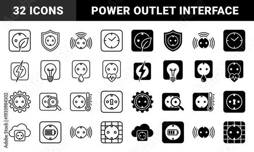 Smart power outlet symbols featuring hybrid concepts for energy monitoring including eco leaf battery life weather protection and load management