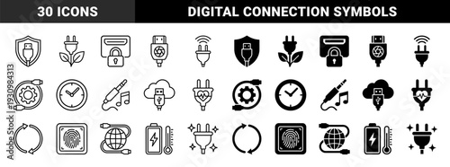 Hybrid electronic and hardware interface symbols featuring power plugs merged with organic leaves heart shapes and security elements in dual stroke and solid styles
