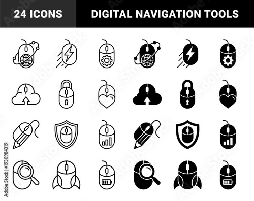 Computer mouse hybrid icons featuring a mix of hardware with symbolic metaphors including globe bolt gear heart pencil shield graph and rocket