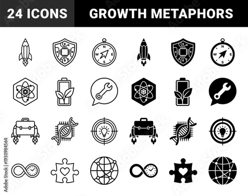 Hybrid conceptual symbols merging business growth with scientific innovation featuring pencil rockets chip shields and genetic hardware in outline and solid styles