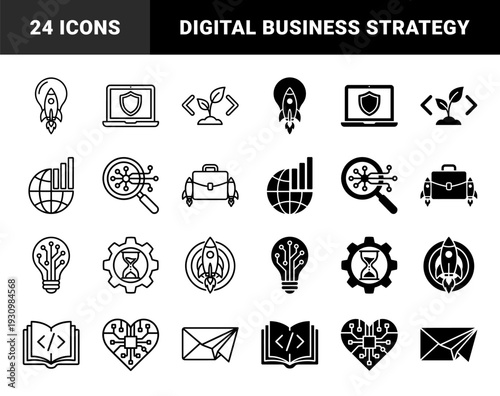 Hybrid business and technology icons featuring rocket startup launches circuit board lightbulb ideas and digital growth strategy symbols in outline and solid styles
